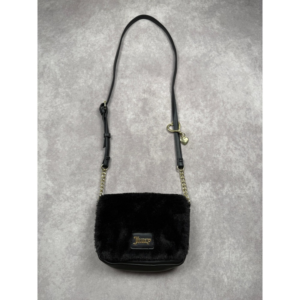 Juicy Couture Black Faux Fur Flap Crossbody Bag Gold Chain Heart Charm Y2K Style